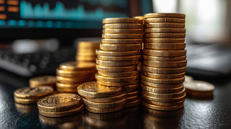 A close-up view of stacked gold coins arranged neatly on a dark surface in an office setting with a computer in the background. Generative AIの素材