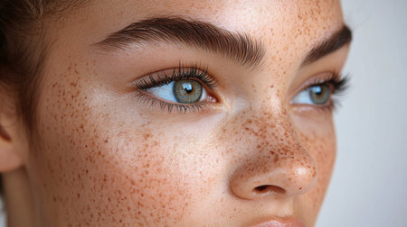 Close-up of a young person with striking green eyes and prominent freckles highlighting natural beauty in soft light. Generative AIの素材