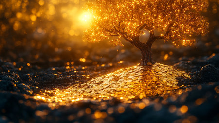 A magical tree of gold coins sparkles under the warm glow of sunlight in an enchanted landscape. Generative AIの素材
