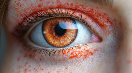 Close-up of a human eye with a vibrant orange iris and surrounding freckles, showcasing its unique features in natural lightの素材