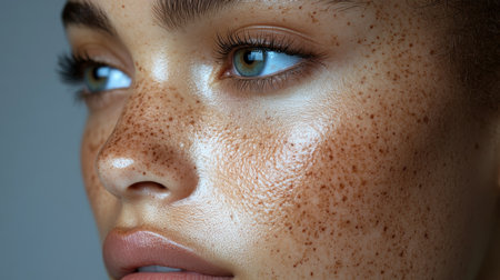 Close-up of a young woman with beautiful green eyes and striking freckles highlighting her unique features in natural light. Generative AIの素材