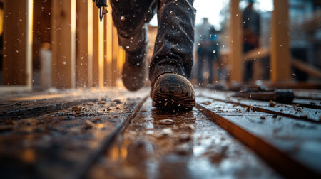 Construction worker running through a muddy site at sunset, capturing the urgency of manual labor in progress. Generative AIの素材