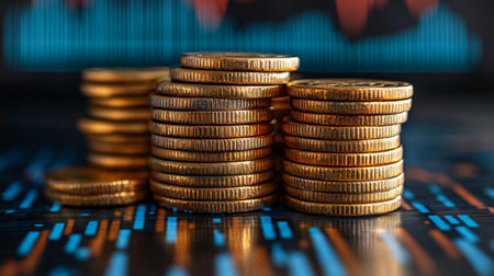 Stacks of gold coins with a financial chart in the background, symbolizing investment and future growth strategies. Generative AIの素材