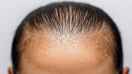 Close-up view of a hair restoration treatment focused on the scalp showcasing detailed hair follicles and skin texture. Generative AIの素材