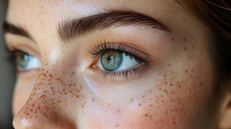 Close-up of a persons captivating green eyes, showcasing freckles and delicate eyelashes under natural light in a warm setting. Generative AIの素材