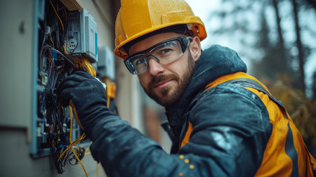 An electrician working on electrical panels outdoors in the rain wearing a hard hat and gloves, focusing on intricate wiring tasks. Generative AIの素材