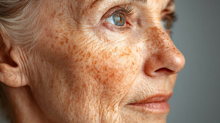 A close-up of an elderly womans face showing wisdom and experience through her distinct skin features. Generative AIの素材