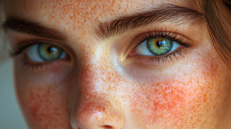 Young person with striking green eyes and freckles gazes thoughtfully at the camera in soft natural light. Generative AIの素材