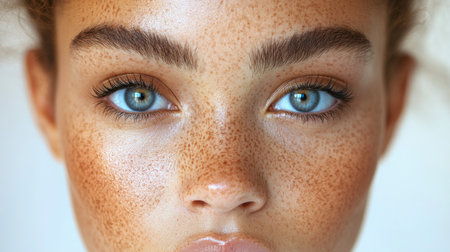 Young woman with striking blue eyes and freckles poses directly for the camera against a neutral background. Generative AIの素材