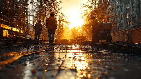 Construction workers at a building site during sunset, surrounded by mist and machinery in an urban environment. Generative AIの素材
