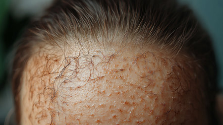 Close-up view of a person scalp with fine hair growth and skin texture, highlighting a hair restoration process in a modern clinic. Generative AIの素材