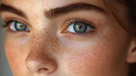 Young person with striking blue eyes and freckles gazes thoughtfully at the camera in natural light. Generative AIの素材