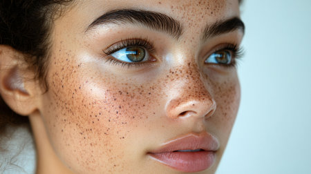 A close-up of a person with beautiful freckles and natural makeup, illuminated by soft light in a serene indoor environment. Generative AIの素材