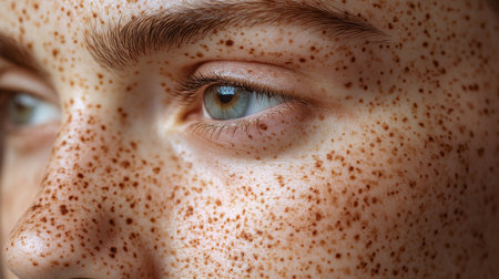 Close-up of a person freckled face highlighting natural beauty in soft light, showcasing skin texture and eye color. Generative AIの素材