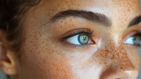 A close-up of a young woman with stunning green eyes and freckles, showcasing her natural beauty and unique features. Generative AIの素材