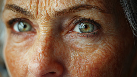 Close-up of an elderly womans face highlighting her expressive eyes and textured skin in natural light. Generative AIの素材