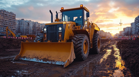Heavy machinery working on a construction site during sunset with cloudy skies over urban buildings in the background. Generative AIの素材