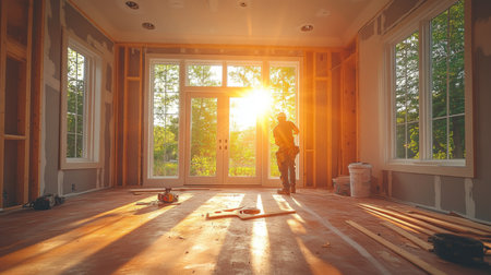 Construction worker finishes workday with sunset view in partially renovated room surrounded by windows and wooden beams. Generative AIの素材