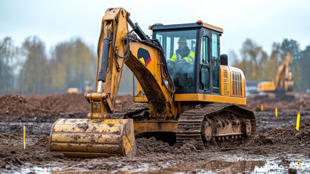 Excavator working on muddy construction site in a rural area during cloudy weather. Generative AIの素材