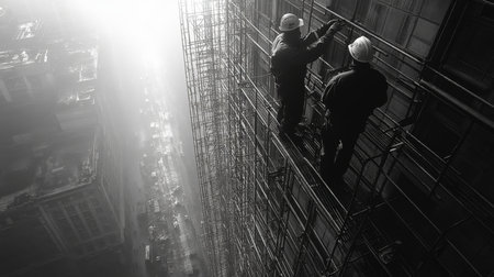 Workers on scaffolding complete construction task in urban setting during early morning hours. Generative AIの素材
