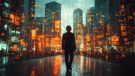 A silhouette walks through a futuristic city filled with glowing digital displays on a rainy night. Generative AIの素材