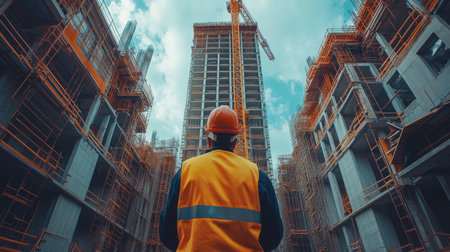 Construction worker inspecting a high-rise building site during the daytime with cranes and scaffolding in view. Generative AIの素材