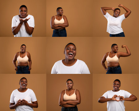 Woman showcasing diverse emotions and poses against a warm backdropの写真素材