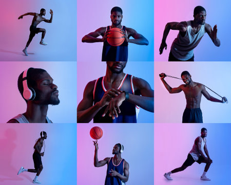 Athlete showcasing skills in various sports activities under colorful lightingの写真素材