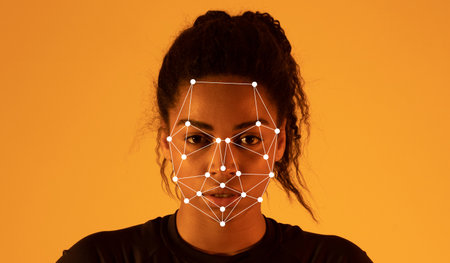 Facial recognition analysis under soft amber lighting with distinctive markersの写真素材