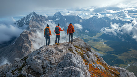 Hikers ascend a rocky peak in the Dolomites, enjoying breathtaking mountain views under a dramatic cloudy sky. Generative AIの素材