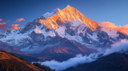 Majestic mountain peak illuminated by sunrise with dramatic clouds over valleys in the Himalayas during early morning. Generative AIの素材
