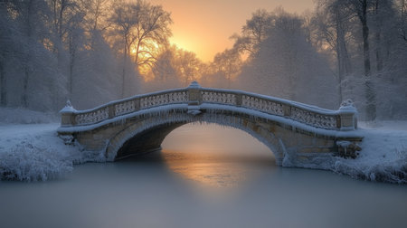 A serene winter sunset behind a snow-covered bridge in a tranquil park, highlighting natures beauty during the cold season. Generative AIの素材