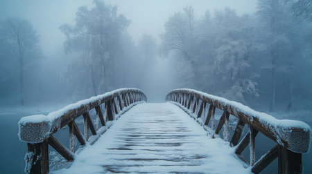 A snow-covered wooden bridge in a misty winter landscape surrounded by frosty trees at dawn. Generative AIの素材