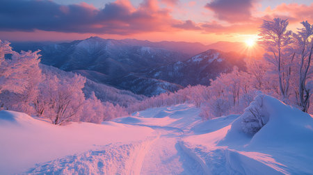 Breathtaking winter sunrise over snow-capped mountains illuminating a tranquil path through frosty trees in a serene landscape. Generative AIの素材