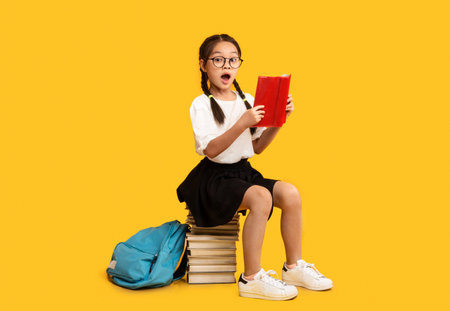 Cute School Girl Reading Book Sitting On Books, Yellow Backgroundの写真素材