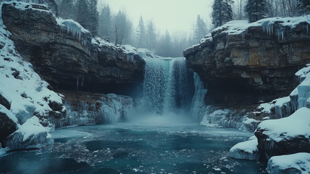 Majestic waterfall cascading through rocky cliffs amidst a serene snowy landscape in early winter morning light. Generative AIの素材
