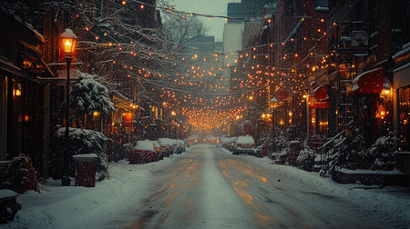 A serene winter evening in the city adorned with festive lights and snow covering the quiet streets. Generative AIの素材
