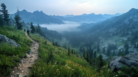 Hikers explore a misty mountain trail at dawn in a serene wilderness setting surrounded by majestic peaks. Generative AIの素材