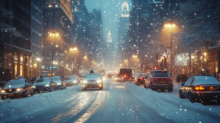 Snow-covered city street at night with vehicles navigating through falling snowflakes in an urban winter wonderland. Generative AIの素材
