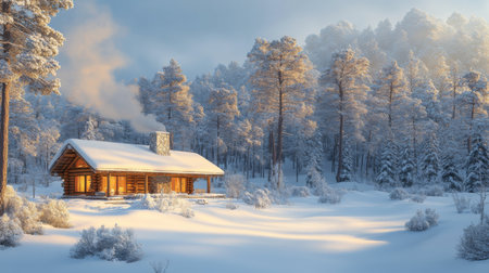 A cozy log cabin surrounded by snowy woods in the early morning light, creating a serene winter landscape. Generative AIの素材