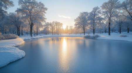 Morning light reflects on a frozen lake surrounded by snow-covered trees in a serene winter landscape at dawn. Generative AIの素材