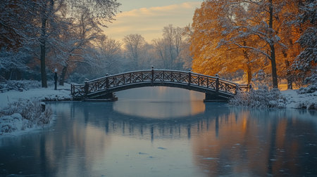 A serene winter scene featuring a snow-covered bridge over a tranquil pond in a park during sunset. Generative AIの素材