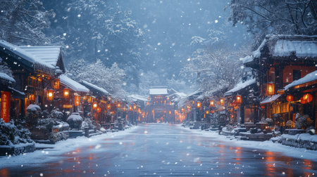 A serene winter evening in a traditional village illuminated by lanterns under falling snowflakes. Generative AIの素材