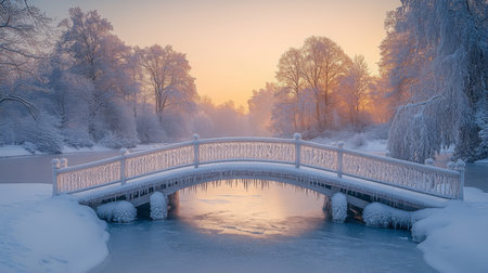 A serene winter morning with a snowy bridge over a frozen river surrounded by frost-covered trees at dawn. Generative AIの素材