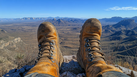 Exploring vast desert views while wearing sturdy hiking boots in a scenic mountain range under clear blue skies. Generative AIの素材