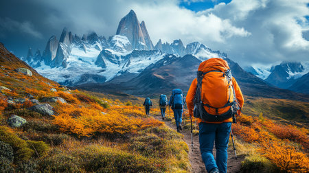 Hikers trek through vibrant orange foliage towards majestic mountains under dramatic skies in a Patagonia landscape. Generative AIの素材