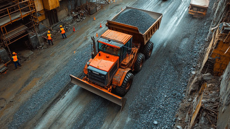Construction site activity with dump truck hauling gravel on a busy urban roadway during daylight hours. Generative AIの素材