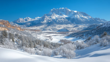 Snow-covered landscape with majestic mountains in winter under a clear blue sky during daylight hours. Generative AIの素材