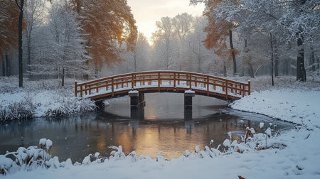 A serene wooden bridge over a frozen pond surrounded by snow-covered trees at dawn in a peaceful winter landscape. Generative AIの素材