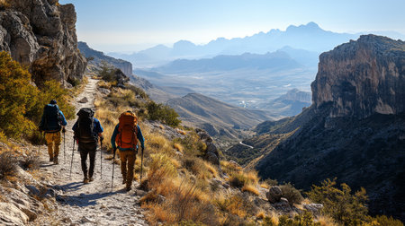 Three hikers trekking along a scenic mountain trail in a remote valley during a bright sunny day with distant peaks. Generative AIの素材